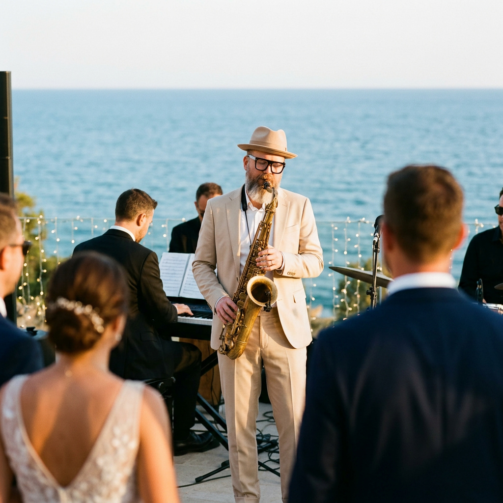 Jazz band tocando en boda con vistas al mar Mediterráneo Barcelona