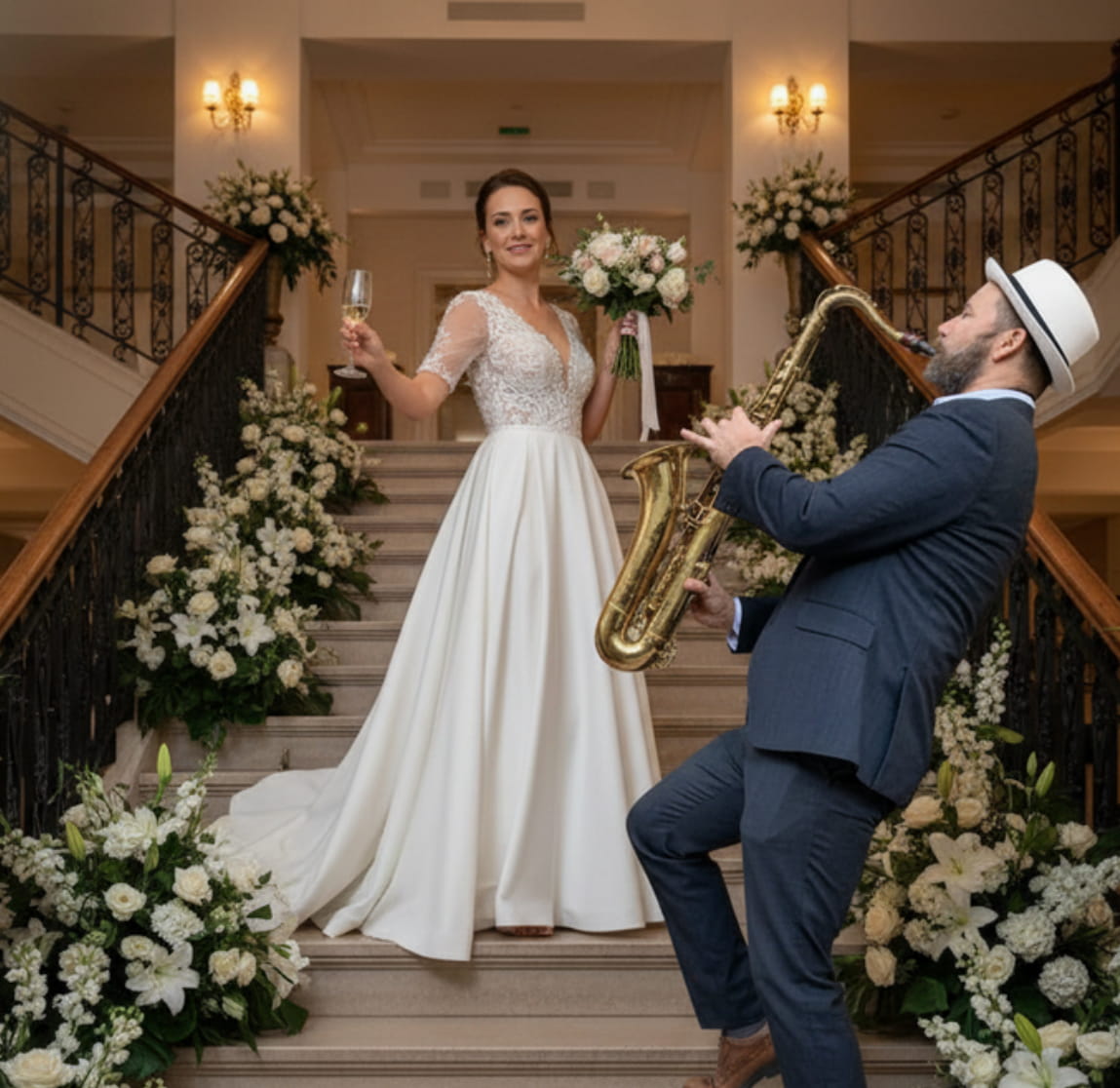 Saxofonista jazz tocando en boda elegante Barcelona